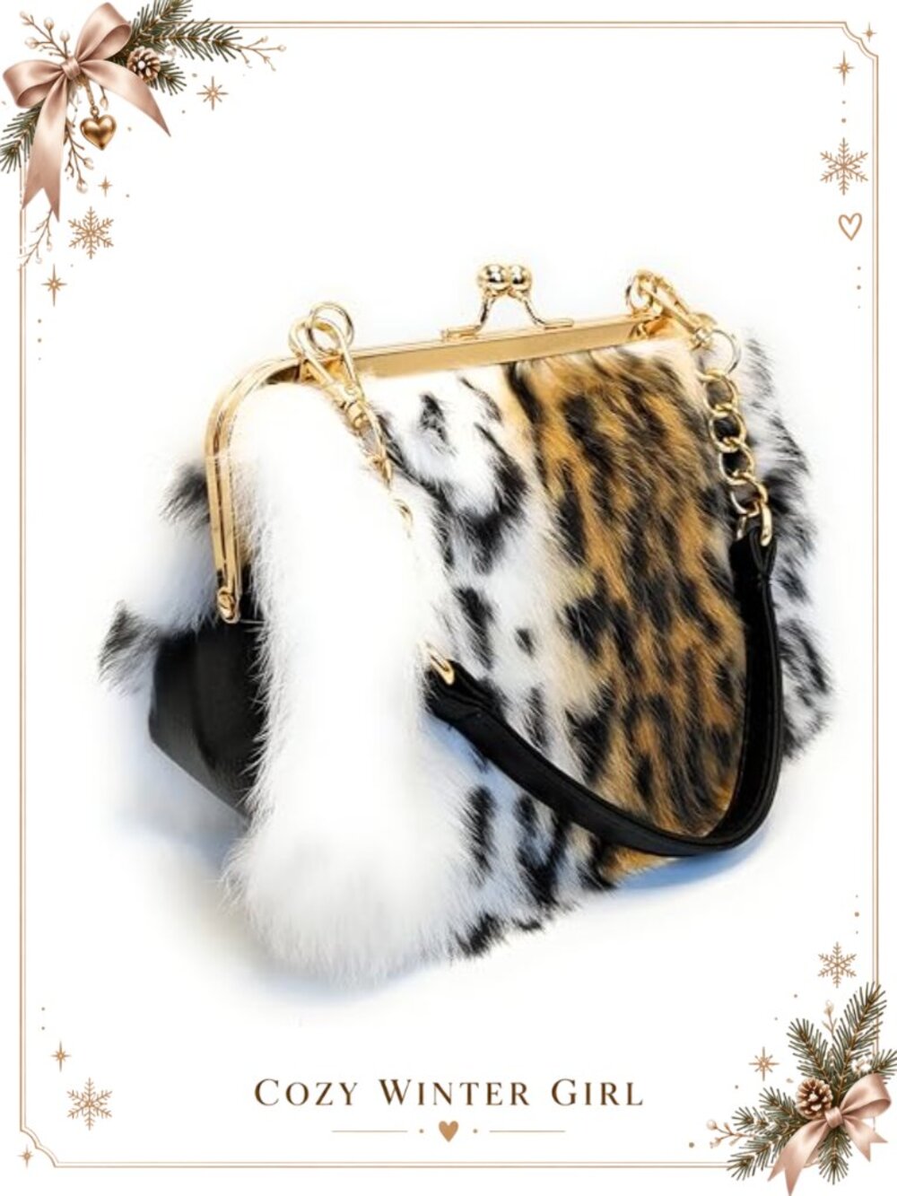 Rex Rabbit Fur Leopard Print Handbag with Interchangeable Straps Clutch